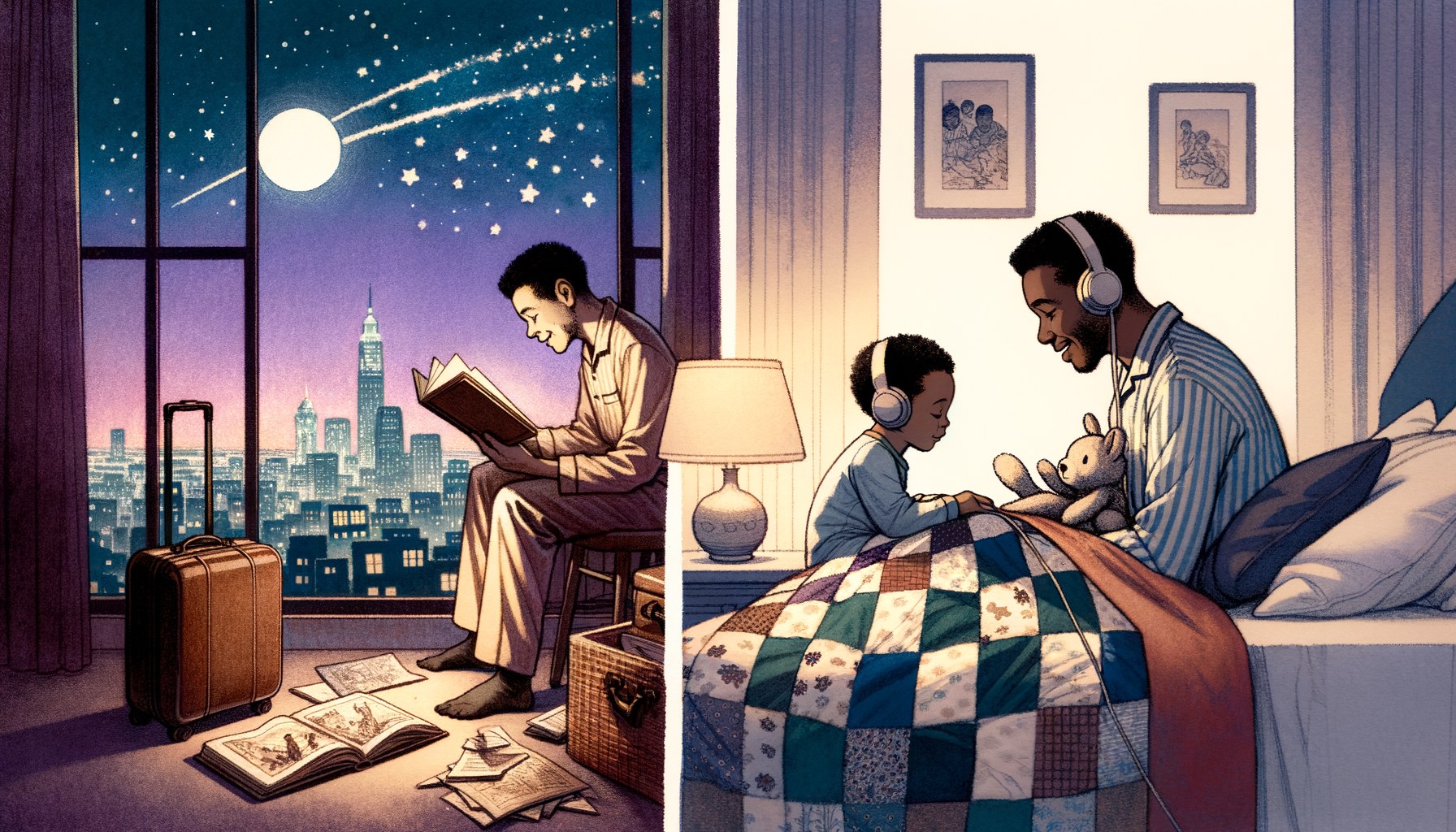 A traveling parent reading from a hotel room